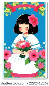 A cartoon portrait of an Asian girl wearing a kimono on floral background postcard woman mother day holiday