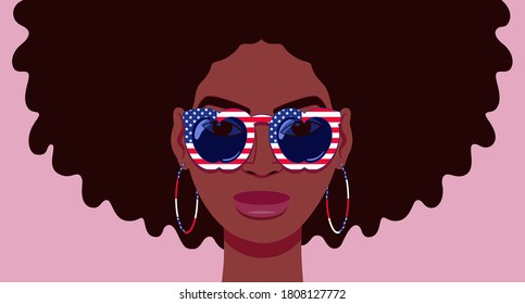 Cartoon portrait of beautiful young black woman with sunglasses that have apple shaped lenses and stars and stripes of the USA flag