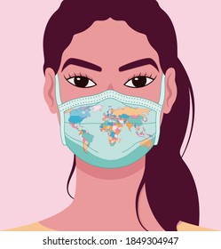 Cartoon portrait of beautiful young woman wearing medical face mask with design of the world map representing the global spread of coronavirus