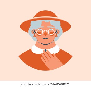 Cartoon portrait of cheerful old woman in eyeglasses, red hat and collar. Isolated vector illustration of senior lady character. Cute avatar of grandmother. Clip art in flat style.