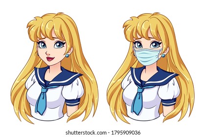 Cartoon portrait of cute girl with long blonde hair and wearing medical mask and japanese school uniform. Hand drawn vector illustration isolated on white.