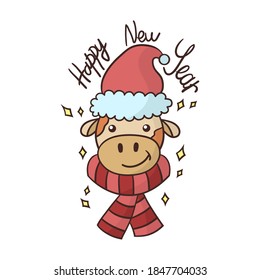 Cartoon portrait of a cute new year's bull in a red hat and scarf. Symbol of the year 2021. Vector illustration