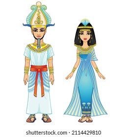 Cartoon portrait of Egyptian family in ancient clothes. Pharaoh, King, God. Full growth. Vector illustration isolated on a white background.
