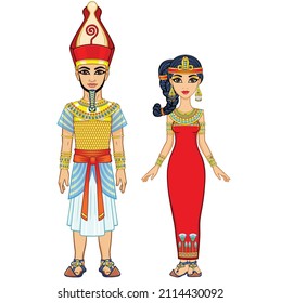 Cartoon portrait of Egyptian family in ancient clothes. Pharaoh, King, God. Full growth. Vector illustration isolated on a white background.