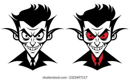 Cartoon portrait of evil vampire smiling on white background.