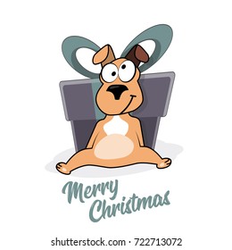 Cartoon portrait of funny smiling dog with big gift box isolated on white background. Good for Christmas card, packaging, banner design.