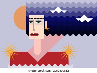Cartoon portrait of a girl with fluttering wavy hair look like the sea, with two white ships in it. Travel in a dream concept. Vector surreal character.
