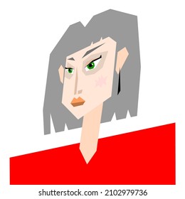 Cartoon portrait of a girl with green eyes and gray hair in a bob hairstyle dressed in a red jacket. Female flat character.