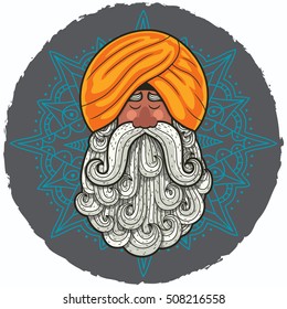 Cartoon portrait of Indian guru with big beard.