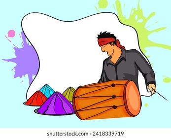 Cartoon Portrait of Indian Man Playing Dhol with Colorful Paint Powder Filled Plate on Splashing Color Background and Space for Your Message as a Happy Holi.