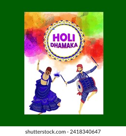 Cartoon Portrait of Indian Woman Dancing with Drummer Man Against Holi Dhamaka Message Given Mandala Frame on Splatter Effect Background for Indian Festival of Colors Celebration Concept.