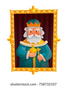 Cartoon portrait of king in crown with orb and scepter in golden frame isolated vector illustration