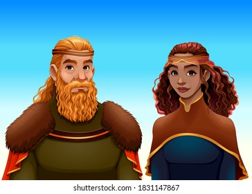 Cartoon portrait of a king and a queen. Vector fantasy illustration
