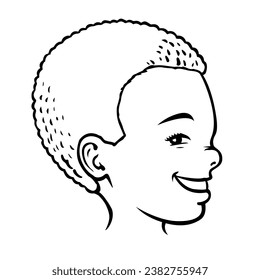 Cartoon portrait of a little happy boy. A smile on his face. Joyful african american child. Happy childhood. Vector art illustration. Black and white sketch. Hand drawn line