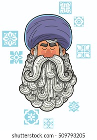 Cartoon portrait of man with turban and big beard.  