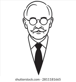 Cartoon portrait of a mustached man in glasses and tie