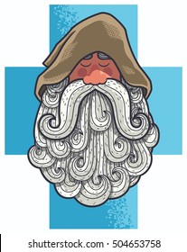 Cartoon Portrait Of Old Christian Monk With Big Beard.