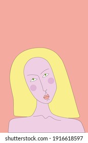 Cartoon portrait of a queer girl with pale yellow hair, pastel pink lips, light green eyes on a powdery background. Surreal pensive character. Vector illustration in a modern trendy style.