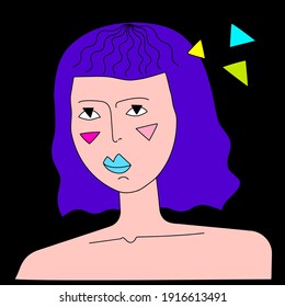 Cartoon portrait of a queer girl with ultramarine hair, neon blue lips and triangular multicolored elements on a black background. Surreal character. Vector illustration in a modern trendy style.