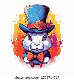Cartoon portrait of a rabbit, hare wearing a hat. Watercolor drawing with stains and streaks of paint. Isolated on white