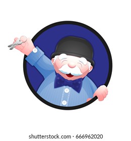 Cartoon portrait of a real estate agent. Cheerful senior man in bowler hat and bow tie is holding a house key in his hand. Vector illustration isolated on white background.