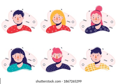 Cartoon portrait. Simple modern design. Flat vector character illustration. Vector icon. Modern flat collection with young people icons set. Color vector illustration.