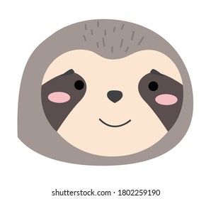 Cartoon portrait of the sloth isolated on white. Cute idler flat vector illustration. Muzzle of wild animal icon. Forest inhabitant head one object. Emoji funny animal. Embarrassed smile emotion