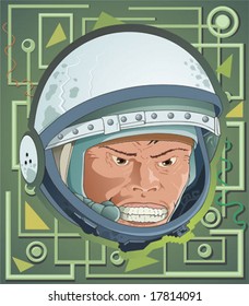 Cartoon portrait of the spaceman on background of the abstract pattern