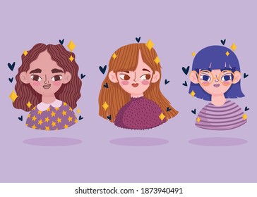cartoon portrait three girls young female icons vector illustration