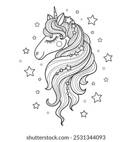 Cartoon portrait of a unicorn with a beautiful mane. Black and white linear drawing. For children's design of coloring books, prints, posters, postcards, non-stickers, tattoos, etc. Vector