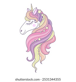 Retrato de dibujos animados de un unicornio con una melena de arco iris. Aislado en un fondo blanco. Para estampados de diseño infantil, carteles, tarjetas, pegatinas, tatuajes, etc. Ilustración vectorial