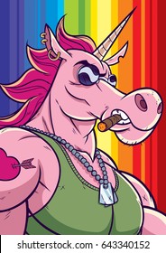 Cartoon portrait of unicorn soldier character. 