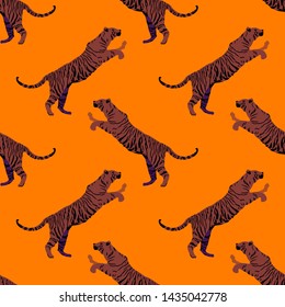 Cartoon portrait of wildcat pattern for print design. Seamless tiger pattern. Leopard wild texture. African wildlife. Cartoon vector illustration. Big cats  vector illustration