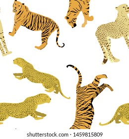Cartoon portrait of wildcat pattern for print design. Seamless tiger pattern. Leopard wild texture. African wildlife. Cartoon vector illustration. Big cats vector illustration
