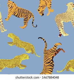 Cartoon portrait of wildcat pattern for print design. Seamless tiger pattern. Leopard wild texture. African wildlife. Cartoon vector illustration. Big cats vector illustration