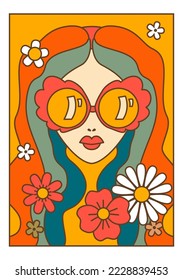 Cartoon portrait of woman with long hair and sunglasses. Female character with blooming flowers, stylish girl with flora and botany, daisies and chamomile, tredns design. Vector in flat style