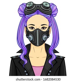 Cartoon portrait of a young Asian woman In protective leather mask and steampunk glasses. Template for use. Vector illustration isolated on white background.