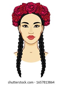 Cartoon portrait of a young beautiful girl in a crown of roses. Color drawing. Vector illustration isolated on a white background. Print, poster, T-shirt, postcard.