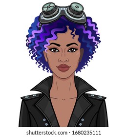 Cartoon portrait of a young black woman wearing a coat and in steampunk glasses. Template for use. Vector illustration isolated on white background.