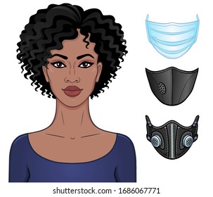 Cartoon portrait of a young black woman, a set of medical masks of different design. Protection against coronavirus epidemic. Template for use. Vector illustration isolated on white background.