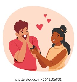 Cartoon portrait of young couple where woman proposing man to marry her with engagement ring in jewelry box. Emotional boyfriend and confident girlfriend together bubble scene vector illustration