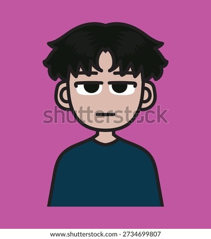 Cartoon portrait of a young man with dark messy hair and a serious expression, set against a vibrant purple background