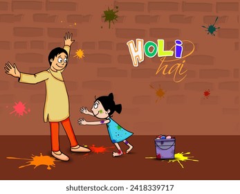 Cartoon Portrait of Young Man Playing Holi with Little Girl against Brown Brick Wall Background for Indian Festival of Colours Celebration Concept.