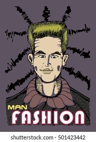 cartoon portrait of young man with text man and fashion hand draw illustration