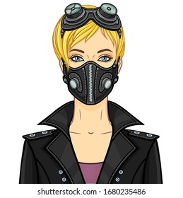 Cartoon portrait of a young white woman In protective leather mask and steampunk glasses. Template for use. Vector illustration isolated on white background.