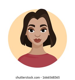 Cartoon portrait of a young woman. Fancy lady. Vector flat illustration
