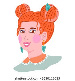 Retrato de desenho animado de uma jovem mulher com cabelo de gengibre. Retrato de vetor desenhado à mão de uma menina bonita. Avatar estilo feminino pêssego. Dia da Mulher. Ilustração vetorial desenhada à mão isolada em um fundo branco.