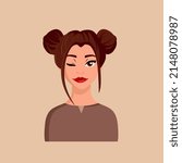 Cartoon Portrait of a Young Woman with Hair Buns. Fancy Lady. Vector Illustration 