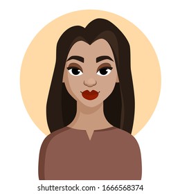 Cartoon portrait of a young woman with long hair. Fancy lady. Vector flat illustration