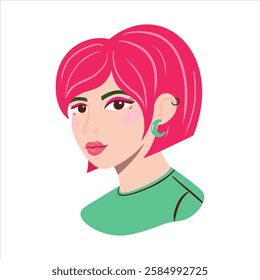 Cartoon portrait of a young woman with short pink hair and piercing in a ear. Hand drawn vector portrait of a cute girl. Cherry female style avatar. Women's day.